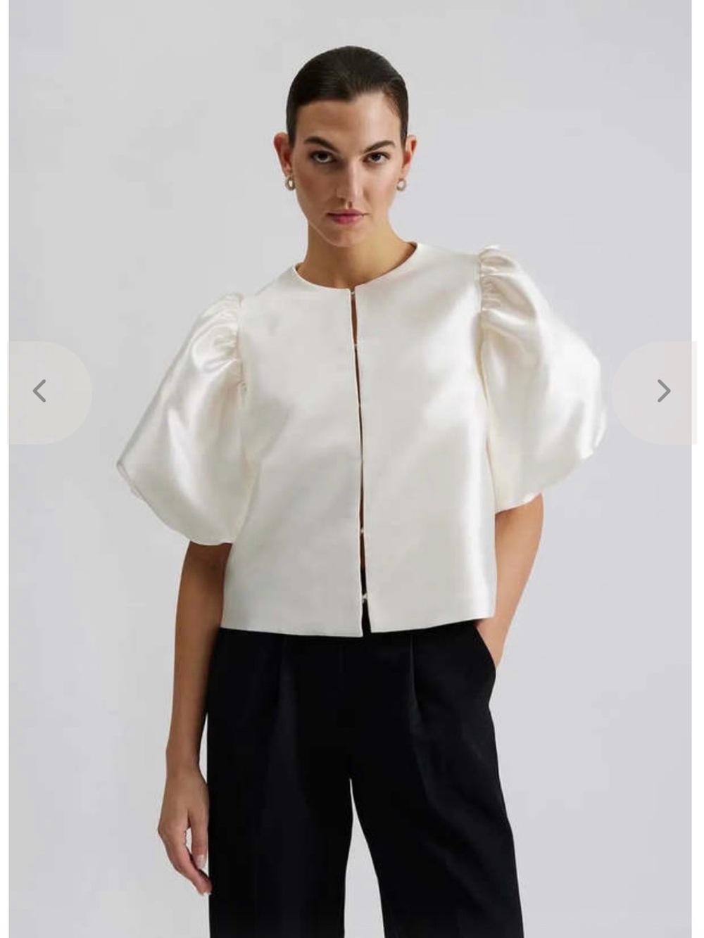 NWT By Malina Elegant Puff-Sleeve Satin Top in Ivory